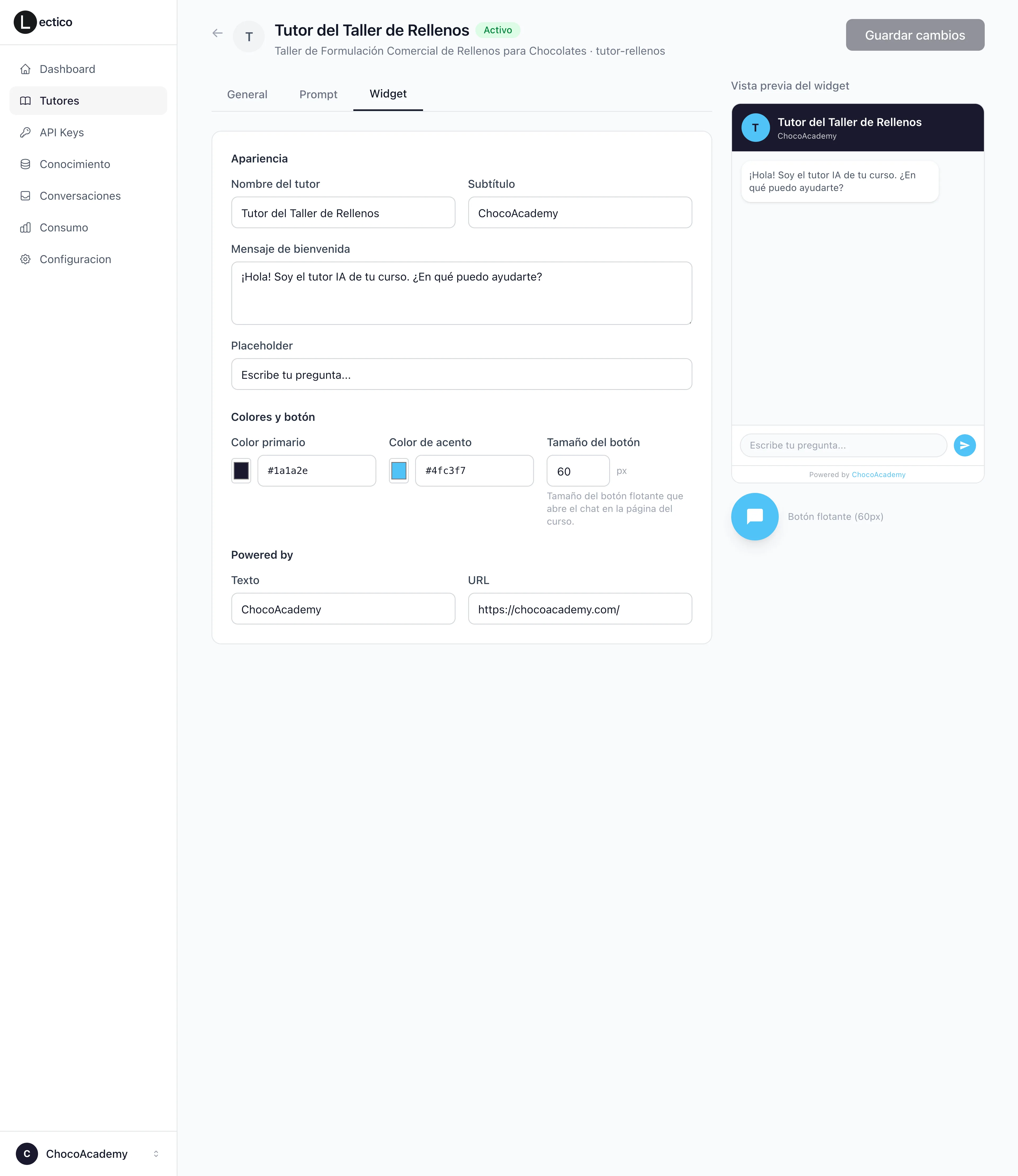 Panel de personalización del widget con colores de marca