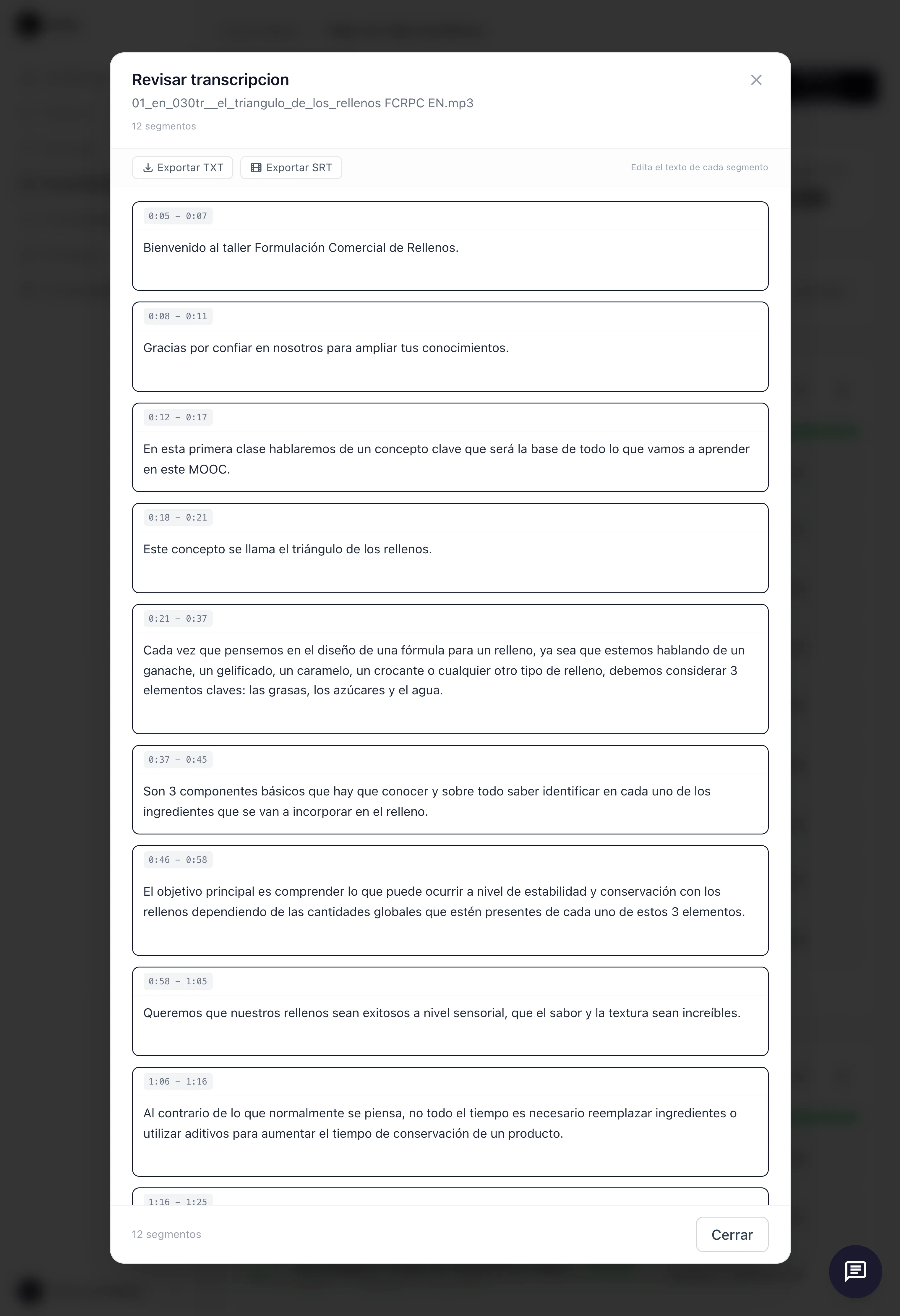 Panel de revisión de transcripción con segmentos y timestamps